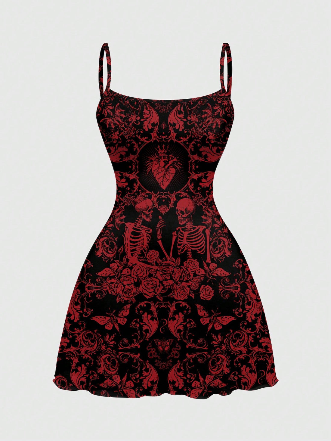 Women wearing a black gothic skull print backless cami mini dress with spaghetti straps and lettuce trim hem.