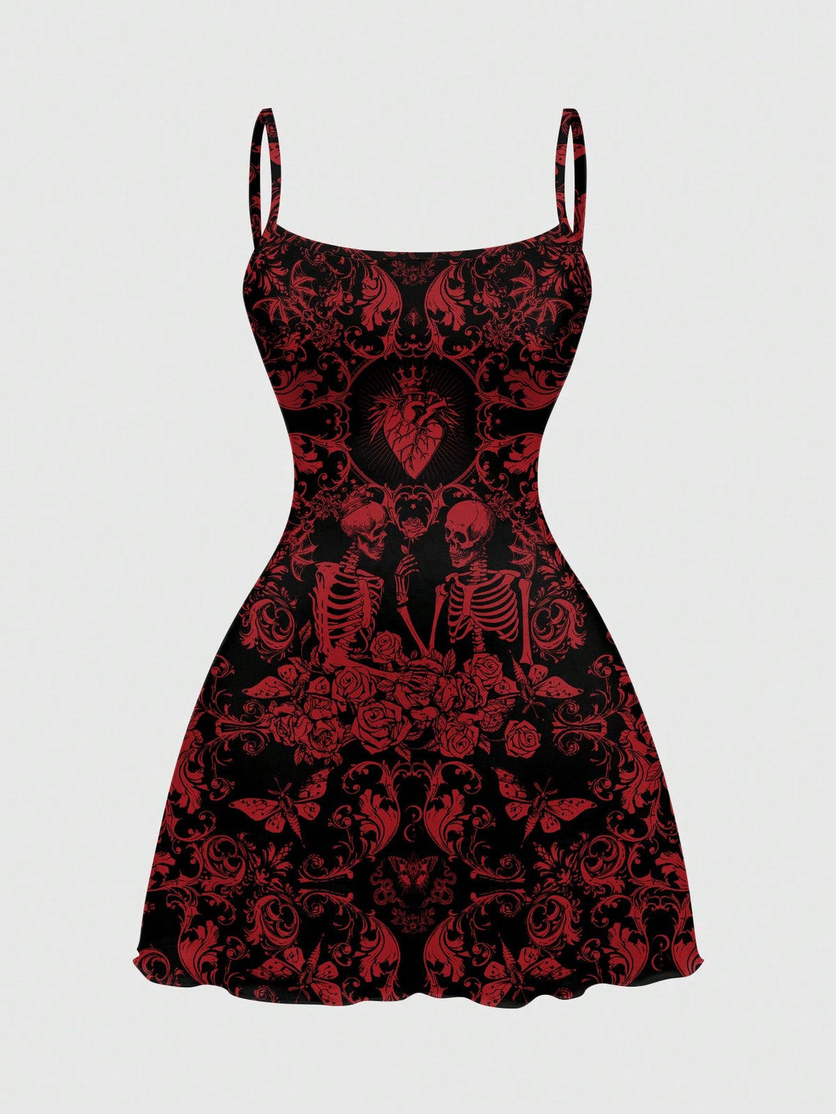 Women wearing a black gothic skull print backless cami mini dress with spaghetti straps and lettuce trim hem.