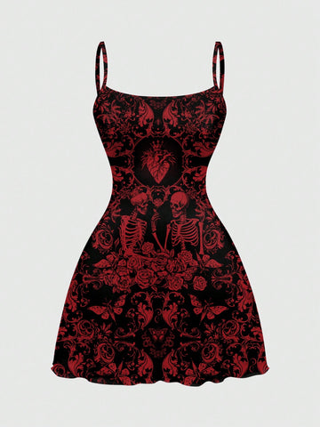 Women wearing a black gothic skull print backless cami mini dress with spaghetti straps and lettuce trim hem.