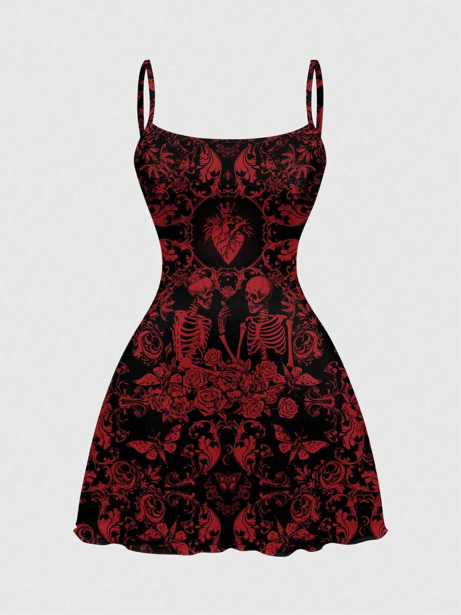 Women wearing a black gothic skull print backless cami mini dress with spaghetti straps and lettuce trim hem.