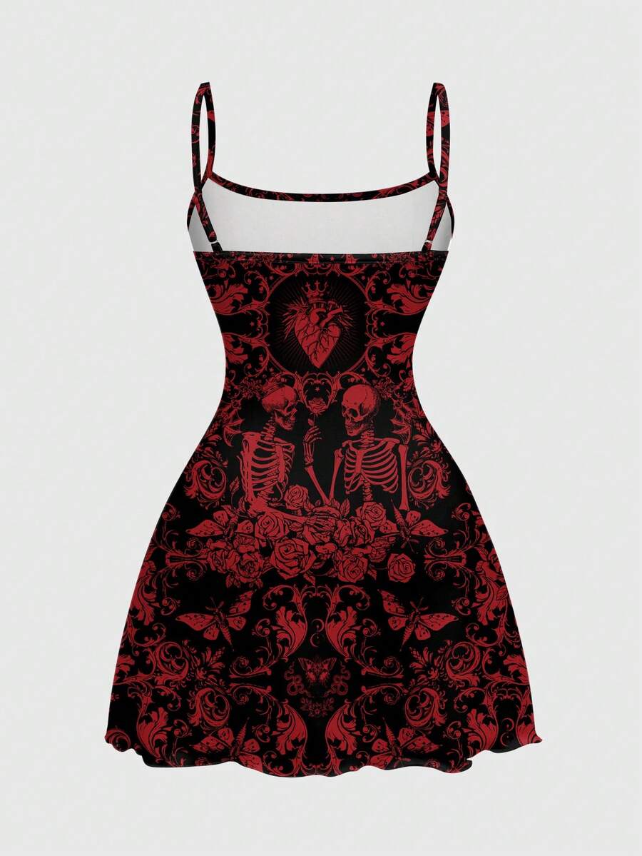 Women wearing a black gothic skull print backless cami mini dress with spaghetti straps and lettuce trim hem.