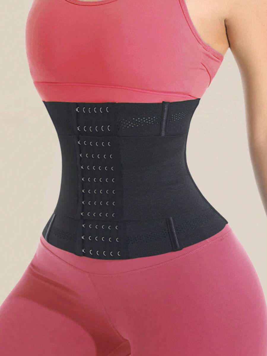 Black double belt wrap waist trainer corset shapewear for women with strong tummy control and button front design.