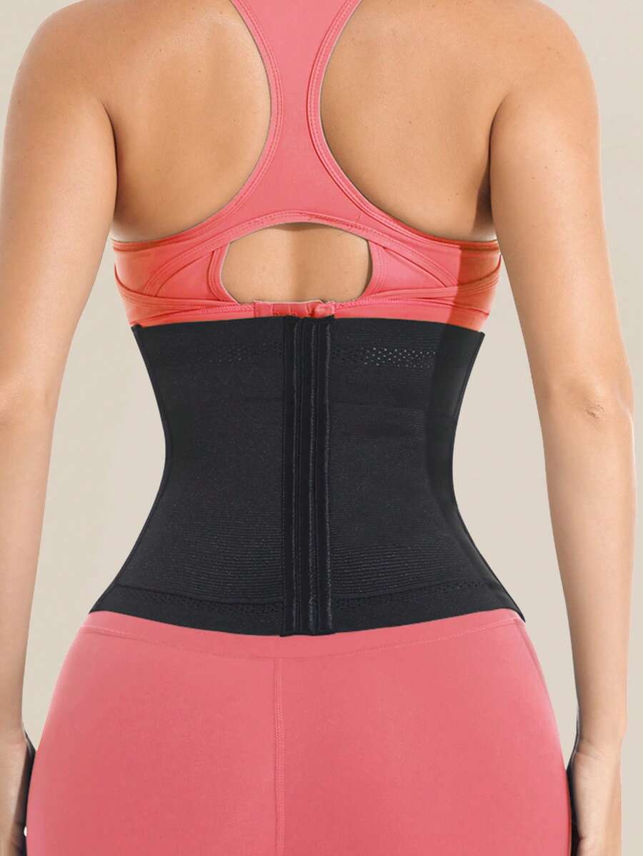 Black double belt wrap waist trainer corset shapewear for women with strong tummy control and button front design.
