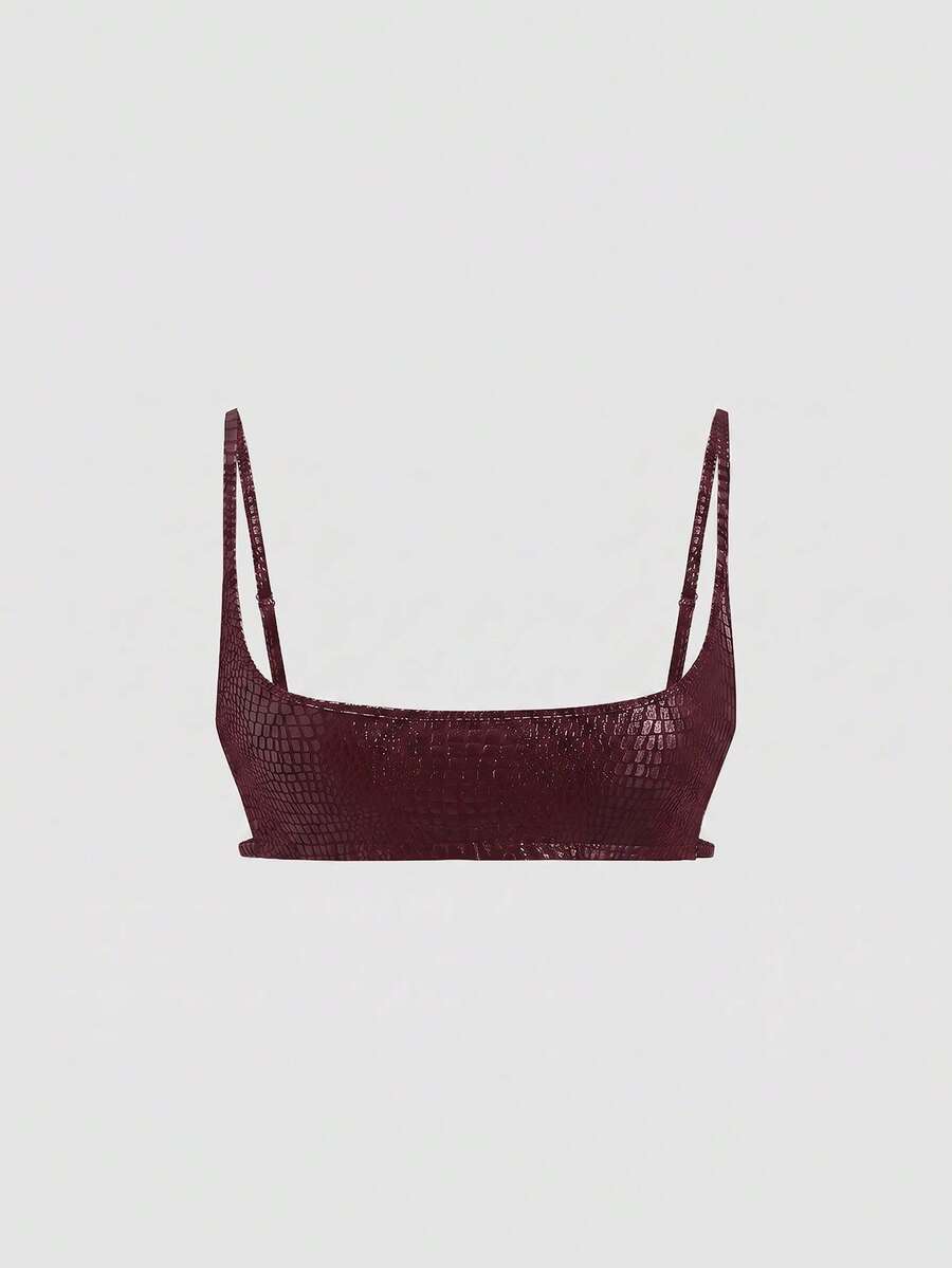 Women's black cropped camisole top with faux crocodile texture, backless spaghetti straps, and matching arm sleeves.
