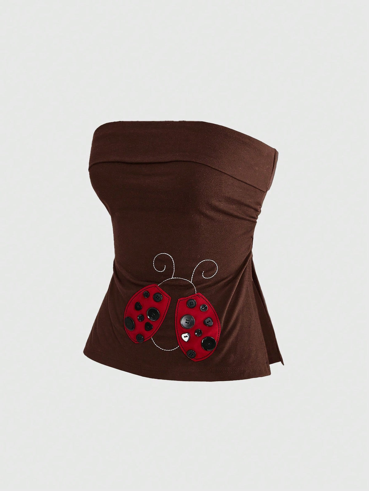 Women's black cropped strapless camisole top with ladybug embroidery and rhinestone details.