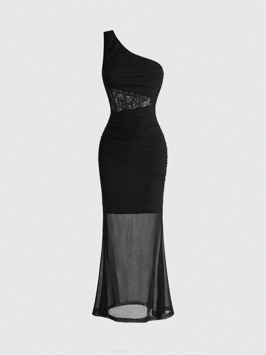 Front view of a woman wearing a black sleeveless asymmetrical neckline mermaid long dress featuring a slim fit bodycon silhouette with waist lace and semi-sheer hemline.