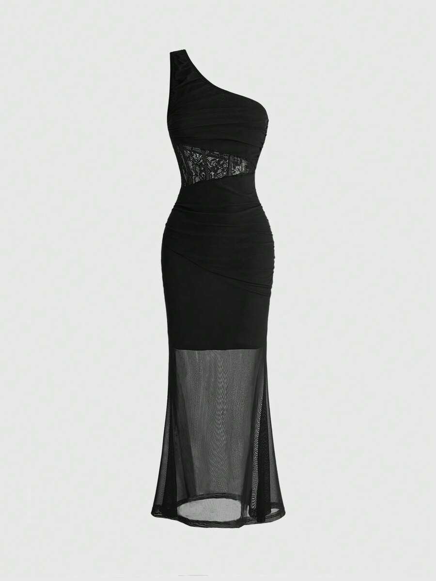 Front view of a woman wearing a black sleeveless asymmetrical neckline mermaid long dress featuring a slim fit bodycon silhouette with waist lace and semi-sheer hemline.