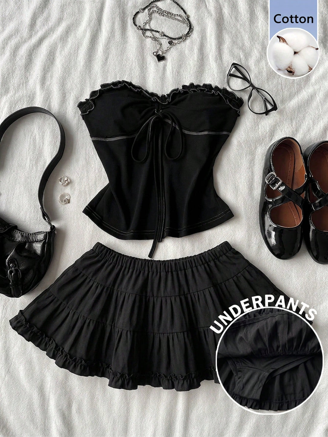 Black plain pleated frill trim low waist cotton skort for women