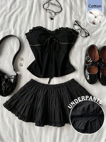 Black plain pleated frill trim low waist cotton skort for women