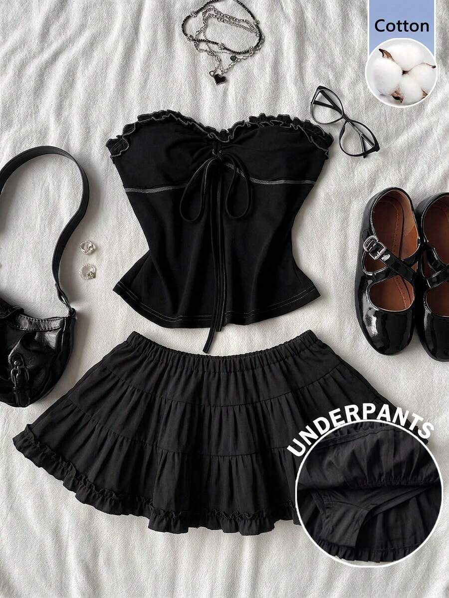 Black plain pleated frill trim low waist cotton skort for women