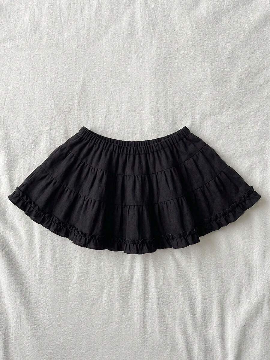 Black plain pleated frill trim low waist cotton skort for women