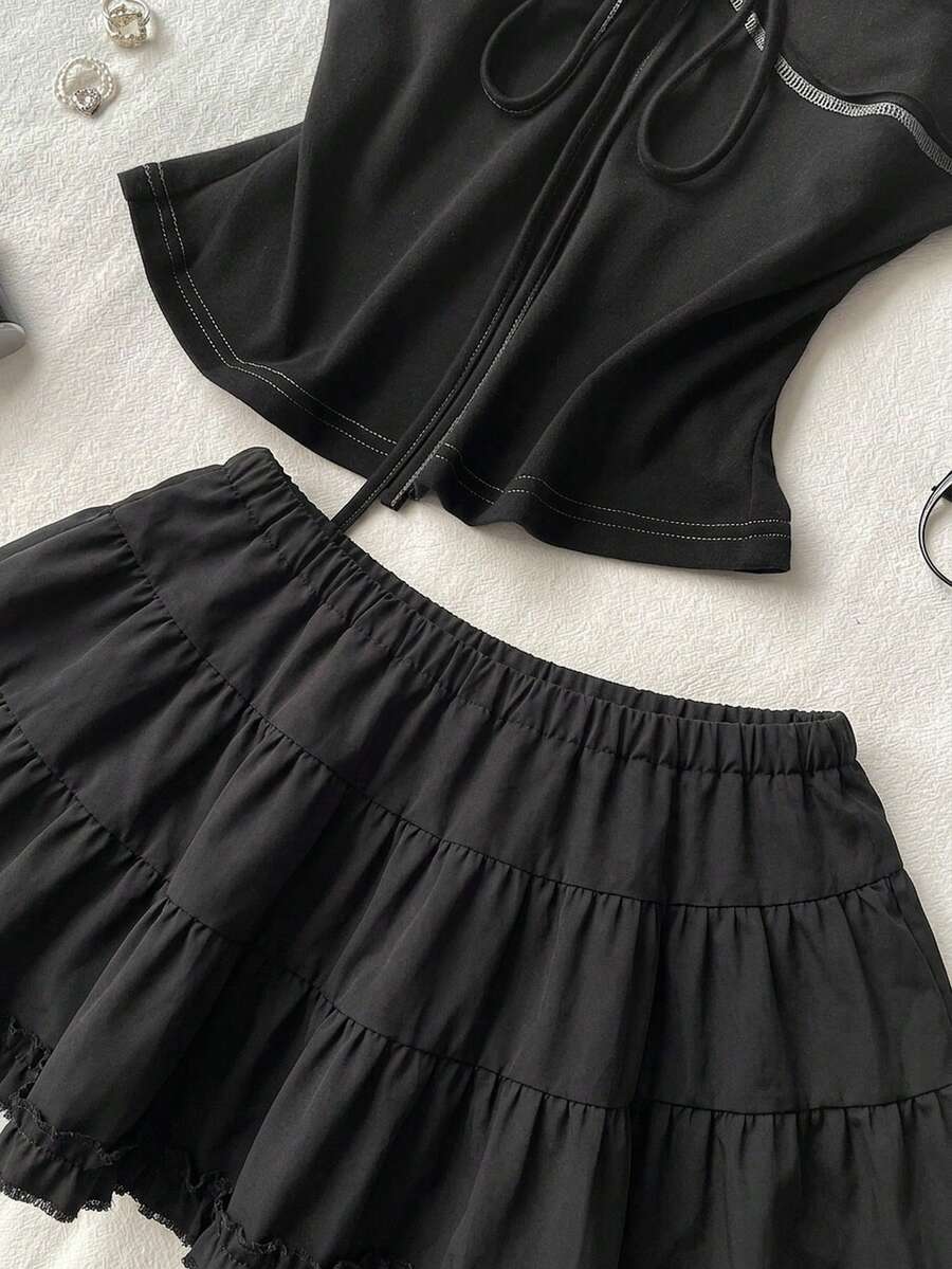 Black plain pleated frill trim low waist cotton skort for women