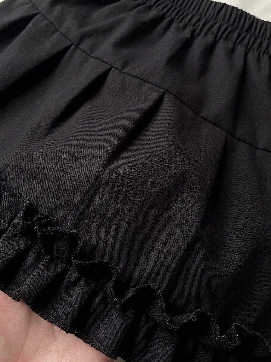 Black plain pleated frill trim low waist cotton skort for women