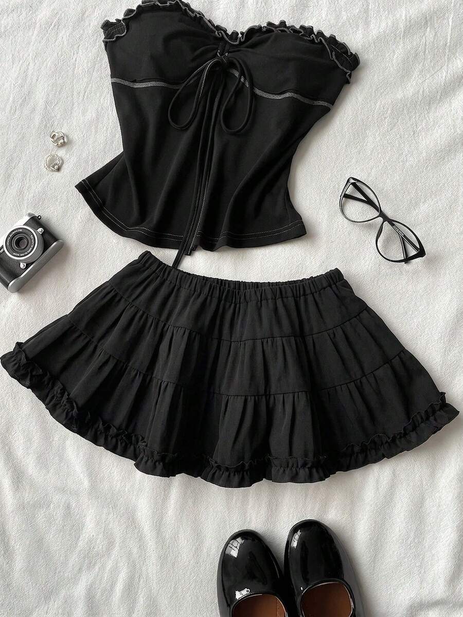 Black plain pleated frill trim low waist cotton skort for women