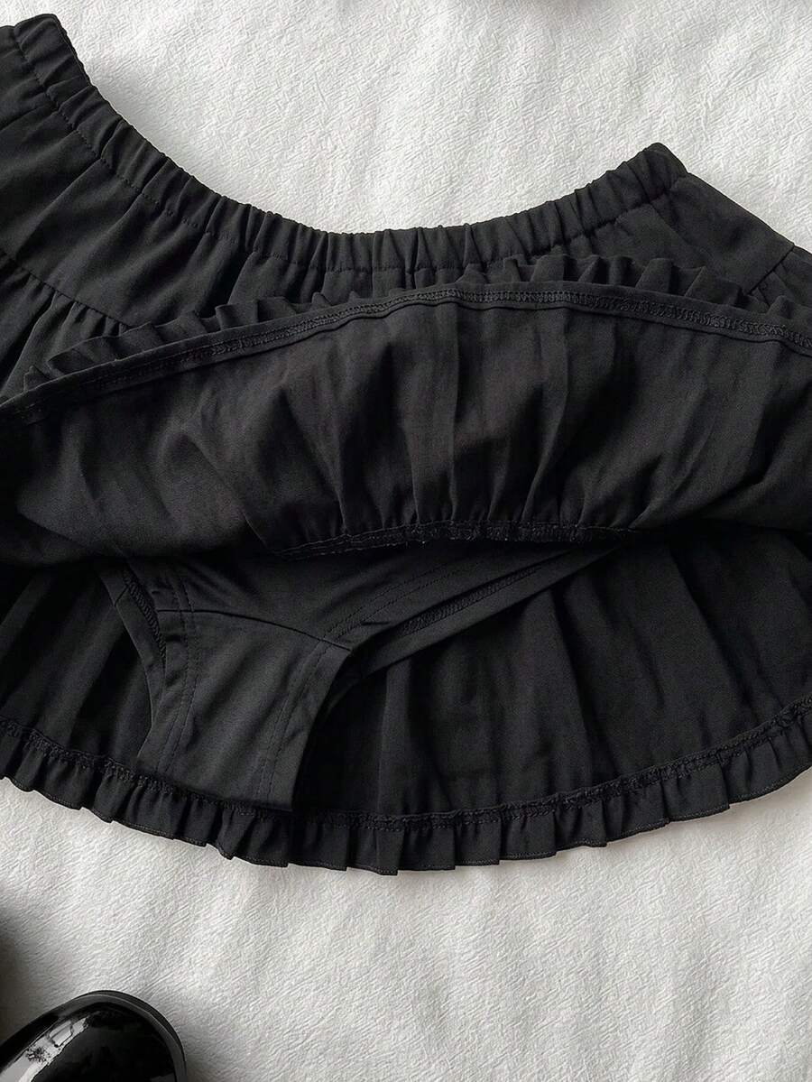 Black plain pleated frill trim low waist cotton skort for women