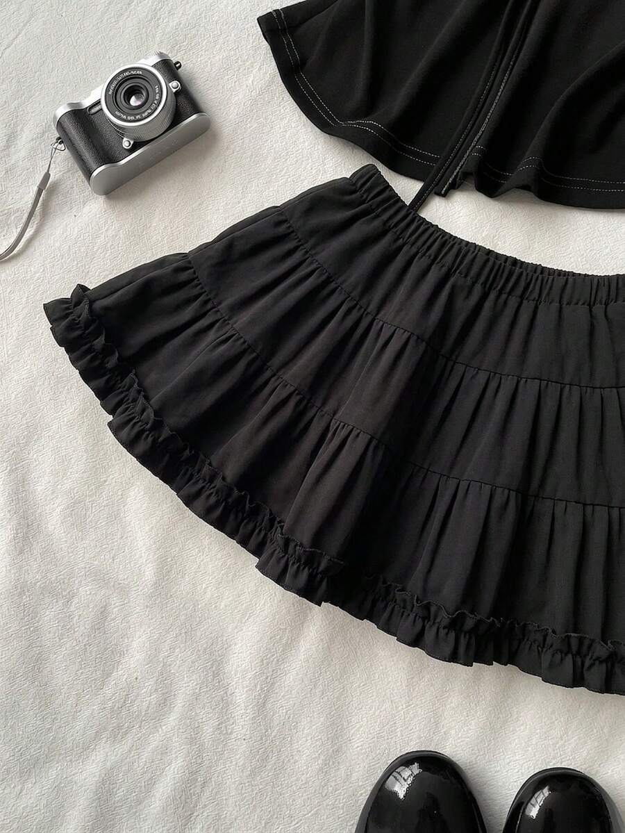 Black plain pleated frill trim low waist cotton skort for women