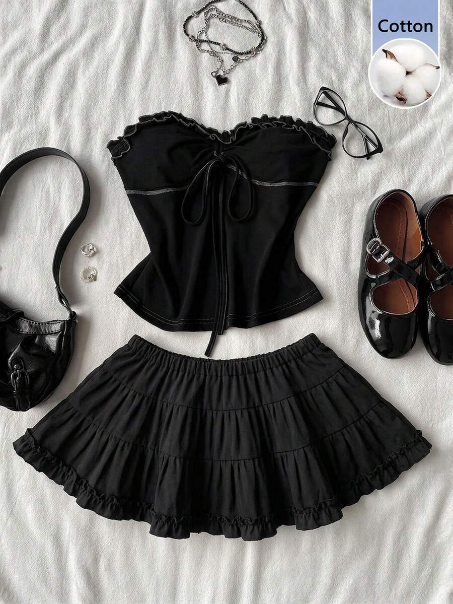 Black plain pleated frill trim low waist cotton skort for women