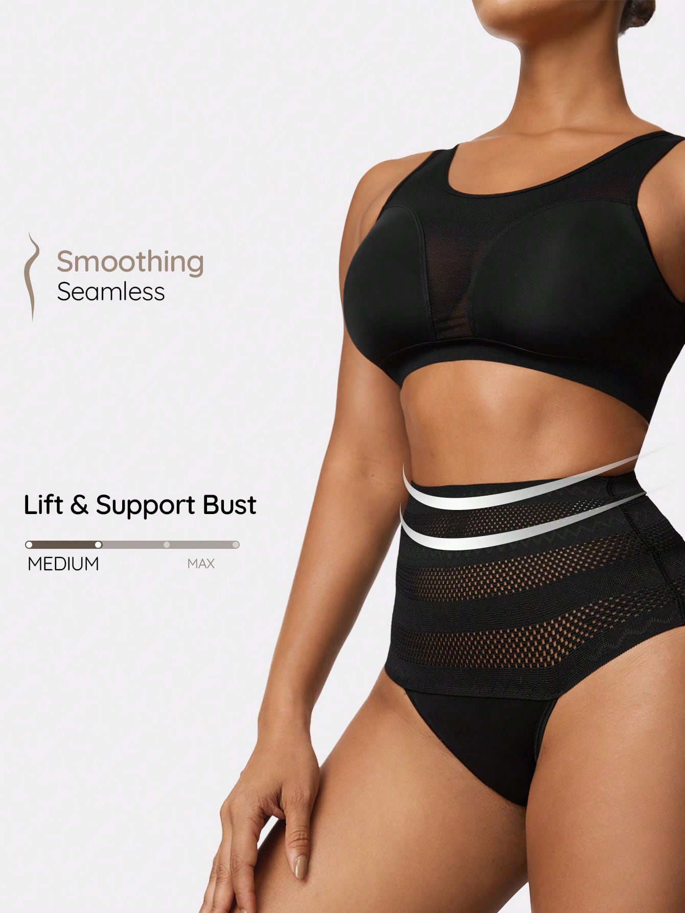 Women's apricot super high waist body shaping briefs featuring ultra light waist support and geometric pattern.