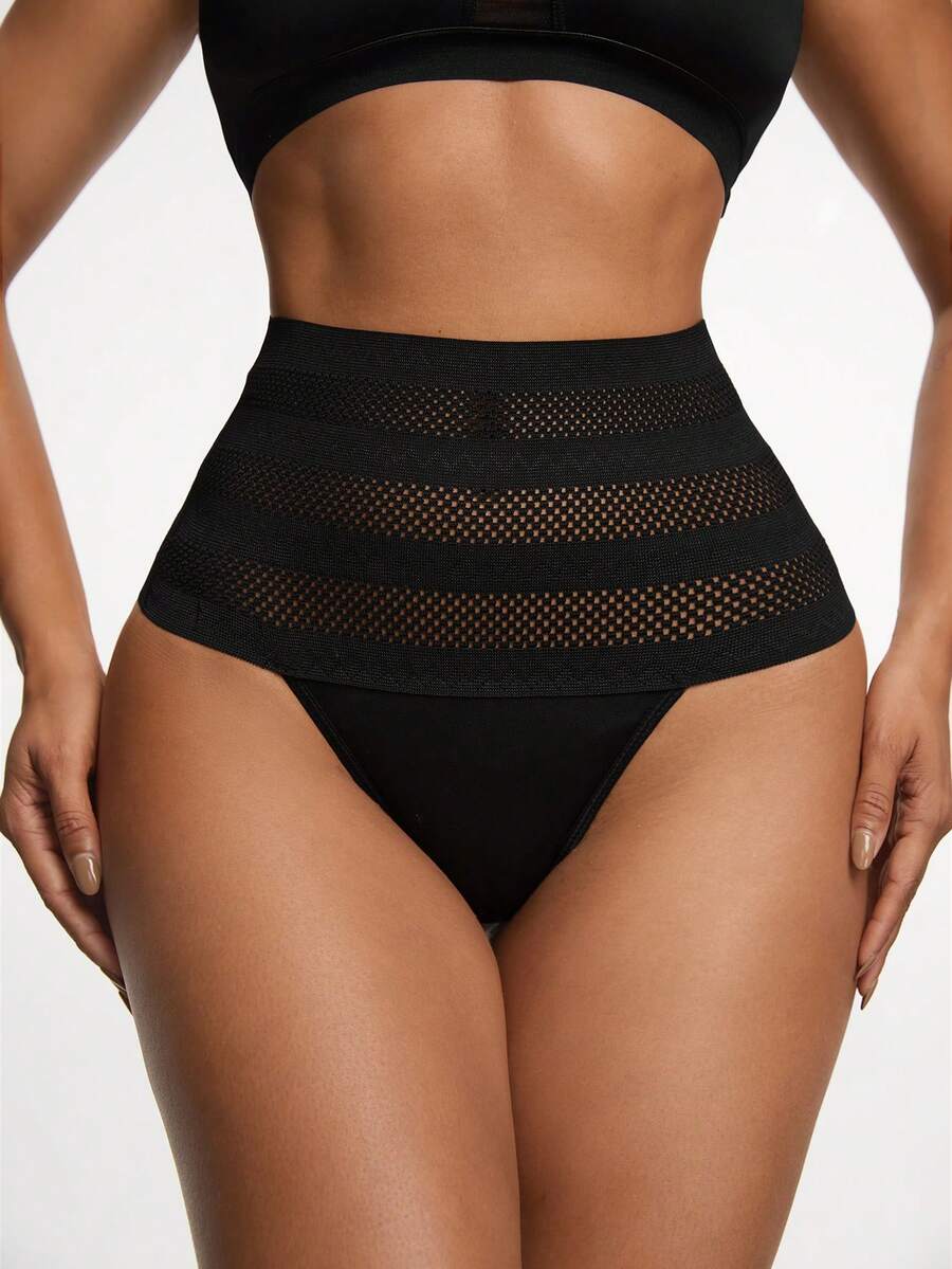 Women's apricot super high waist body shaping briefs featuring ultra light waist support and geometric pattern.