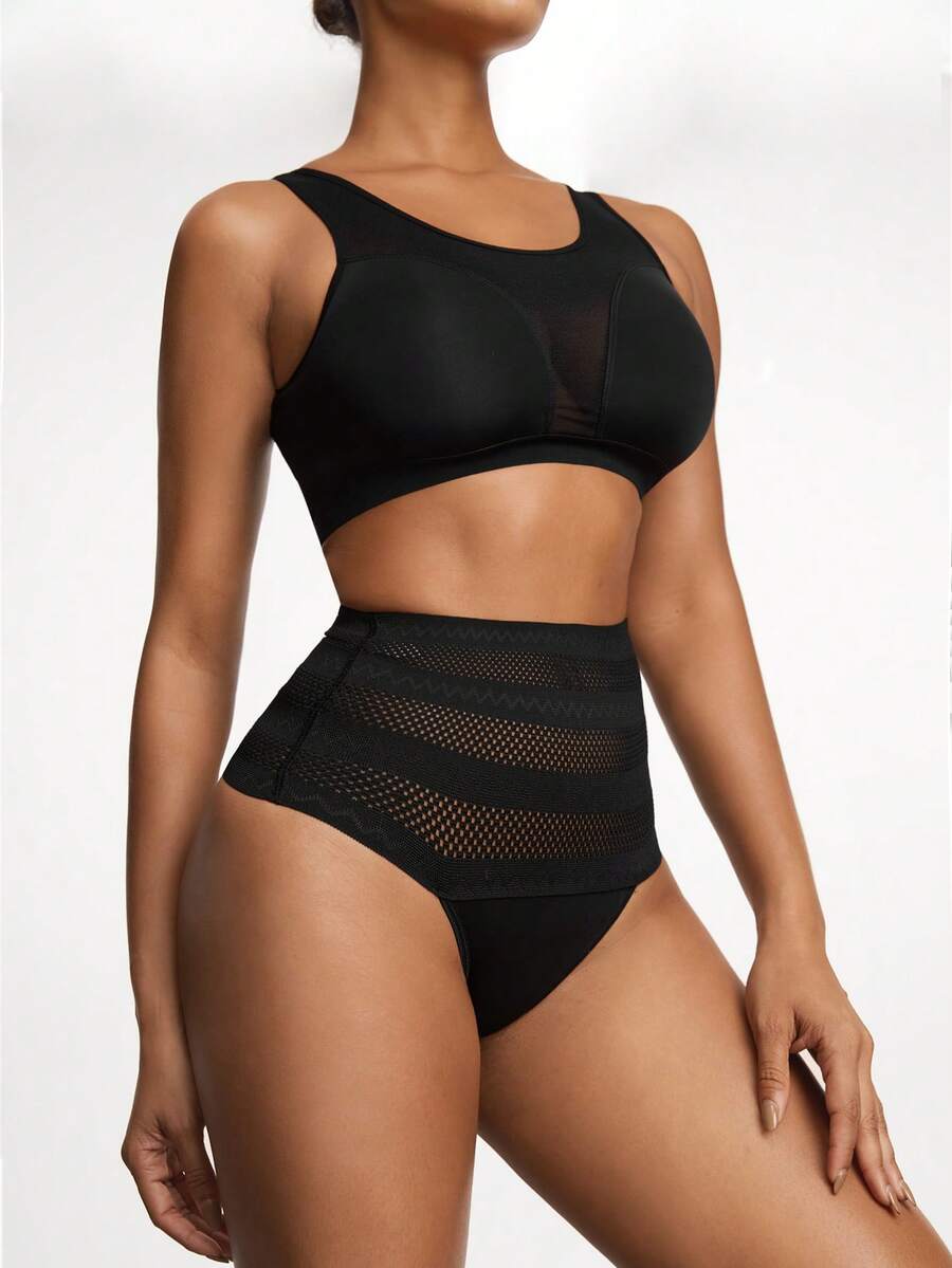 Women's apricot super high waist body shaping briefs featuring ultra light waist support and geometric pattern.