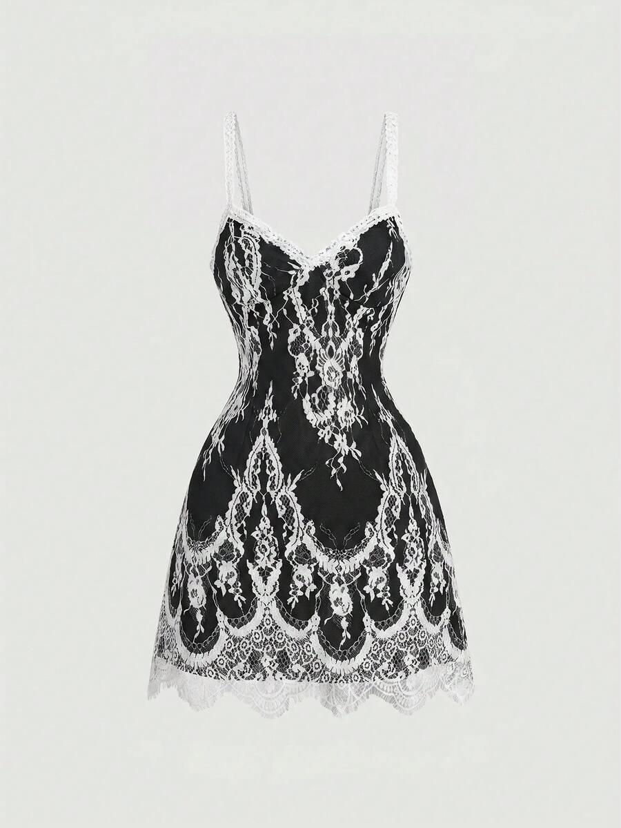 Skyraze women's lace waist-cinching cami dress featuring spaghetti straps, a high waist, and slim fit design.