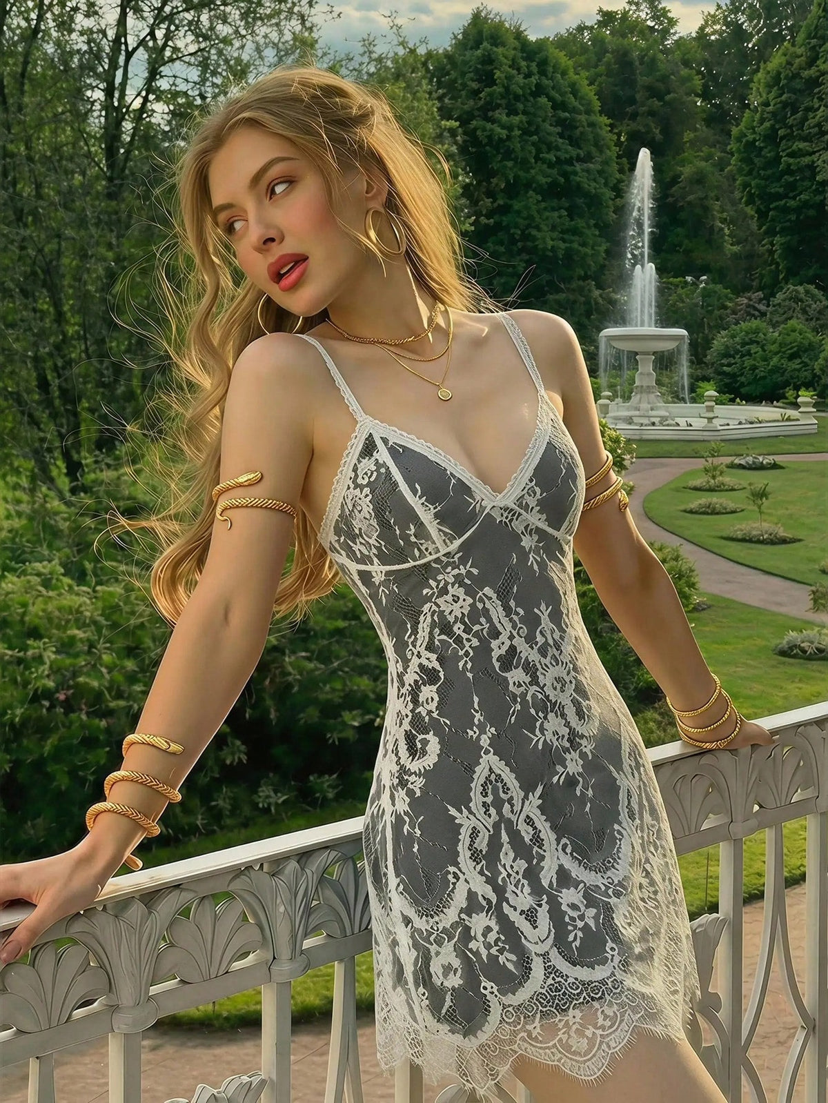 Skyraze women's lace waist-cinching cami dress featuring spaghetti straps, a high waist, and slim fit design.