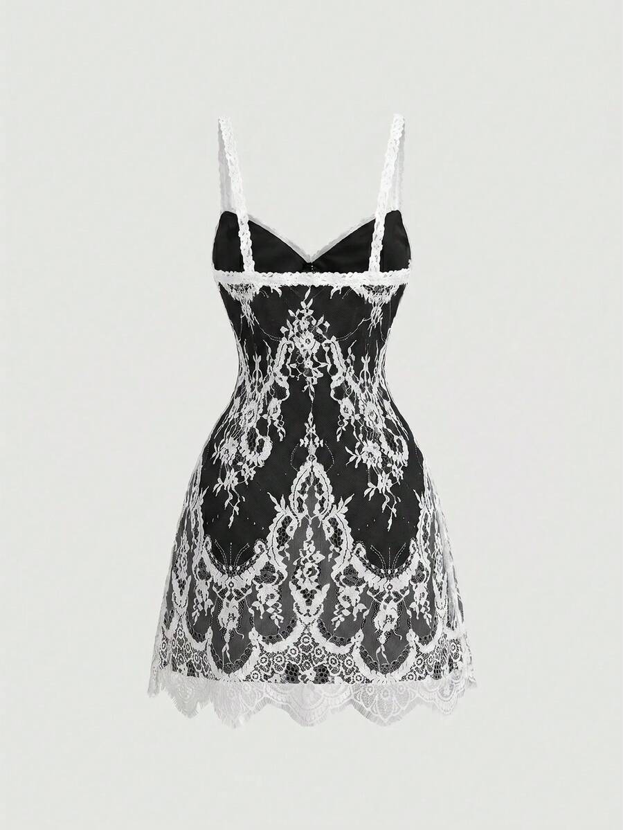 Skyraze women's lace waist-cinching cami dress featuring spaghetti straps, a high waist, and slim fit design.