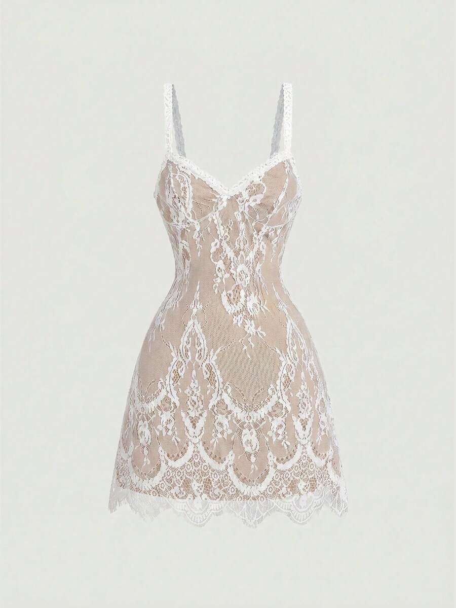 Skyraze women's lace waist-cinching cami dress featuring spaghetti straps, a high waist, and slim fit design.