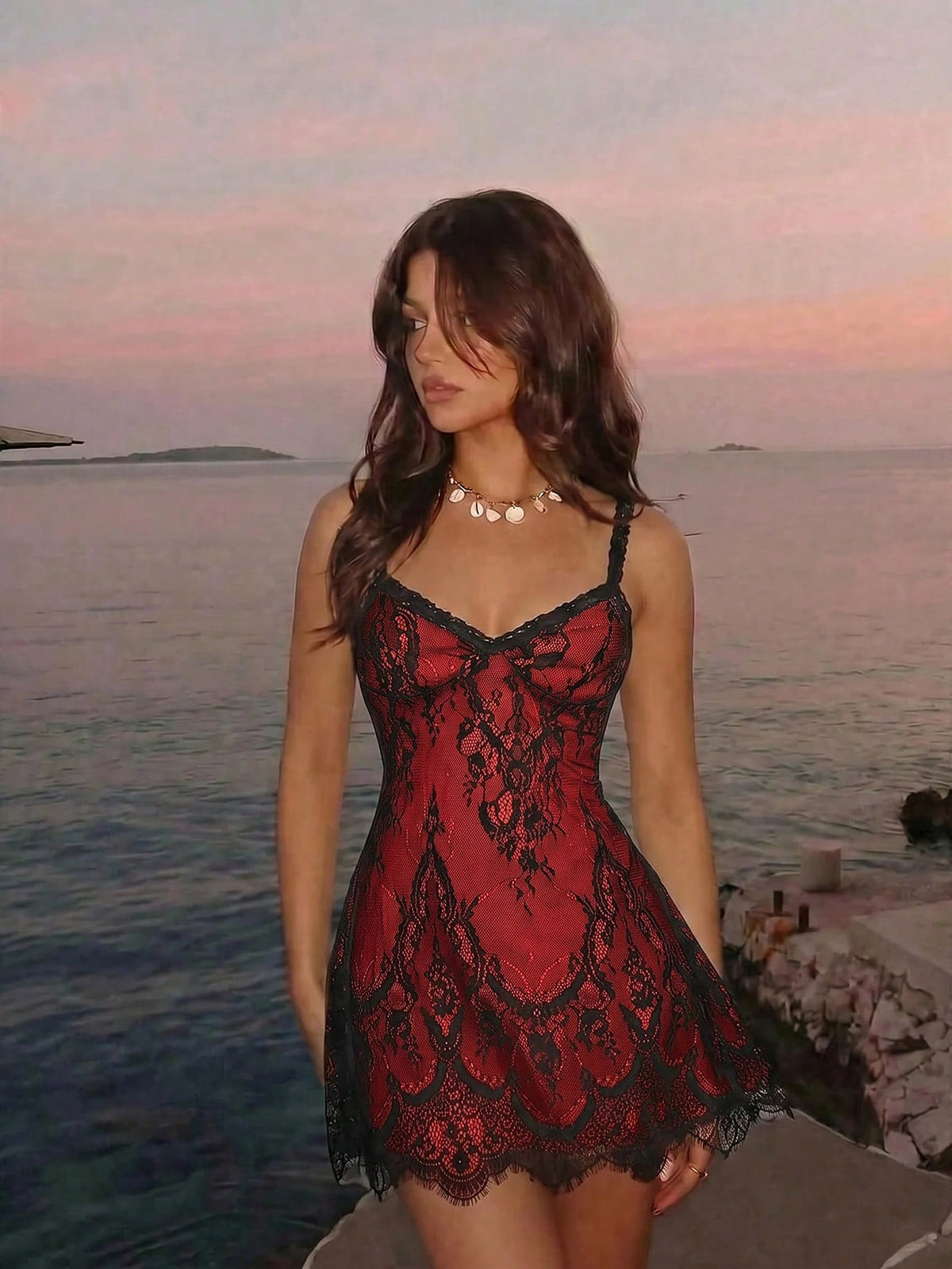 Skyraze women's lace waist-cinching cami dress featuring spaghetti straps, a high waist, and slim fit design.