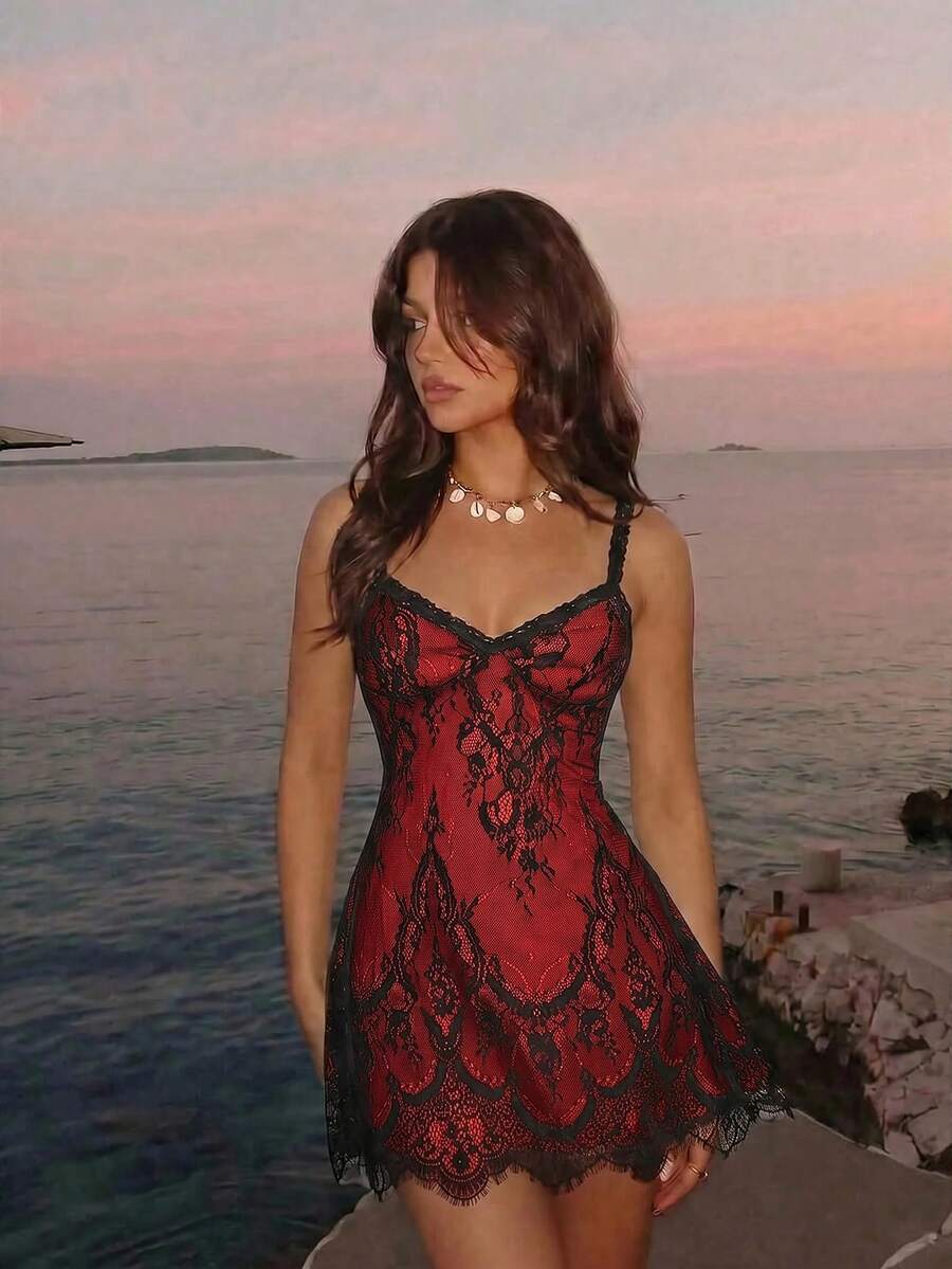 Skyraze women's lace waist-cinching cami dress featuring spaghetti straps, a high waist, and slim fit design.