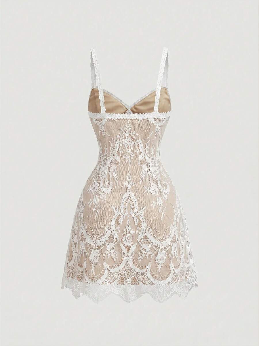 Skyraze women's lace waist-cinching cami dress featuring spaghetti straps, a high waist, and slim fit design.