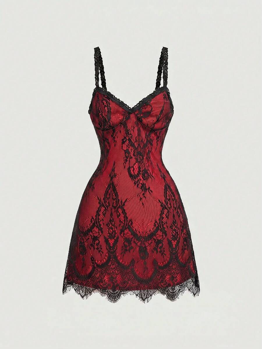 Skyraze women's lace waist-cinching cami dress featuring spaghetti straps, a high waist, and slim fit design.