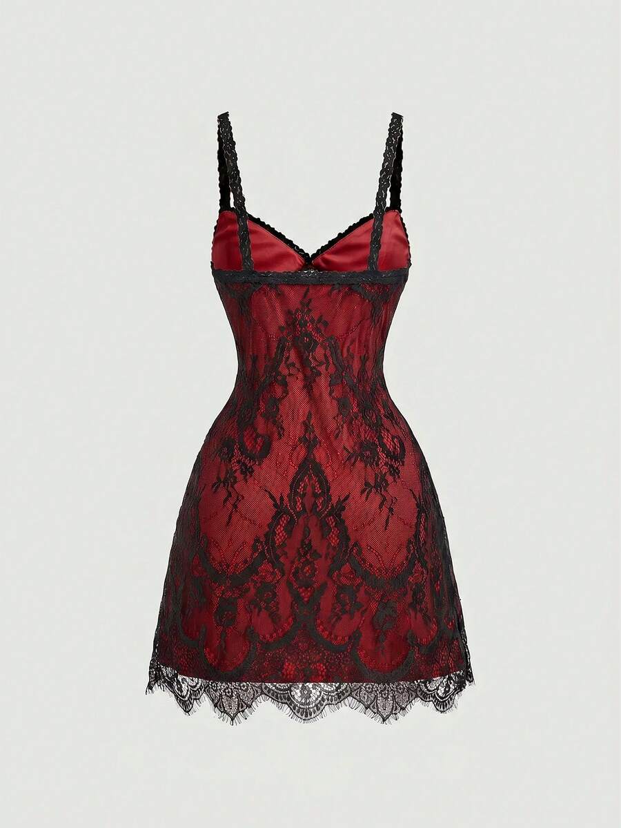 Skyraze women's lace waist-cinching cami dress featuring spaghetti straps, a high waist, and slim fit design.