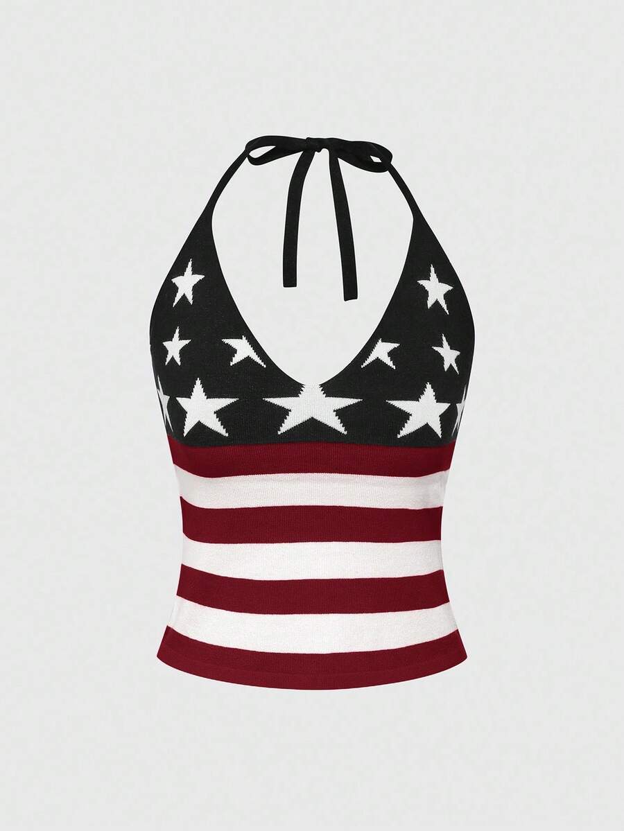 An apricot backless halter knit crop top featuring an American flag print, tied with a back knot, styled for Independence Day and casual fashion.