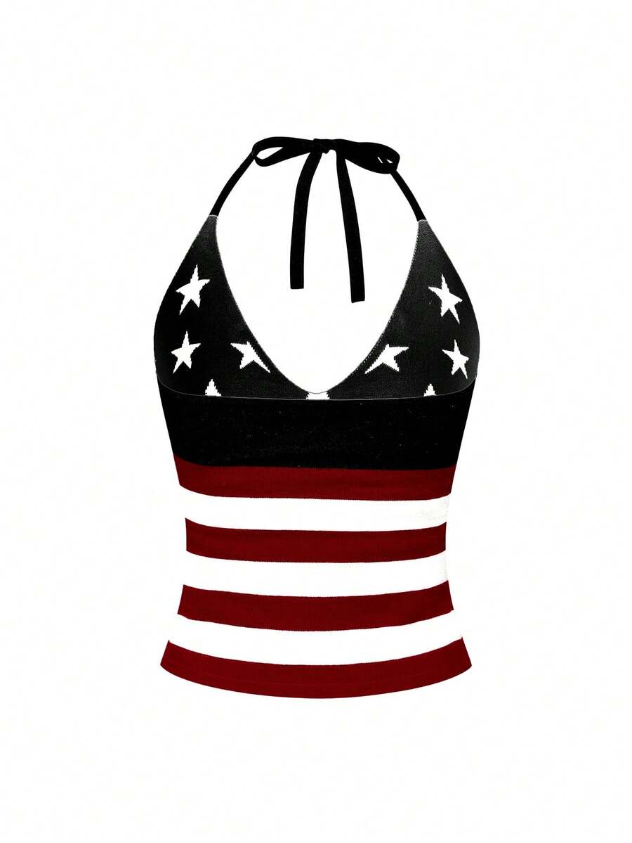 An apricot backless halter knit crop top featuring an American flag print, tied with a back knot, styled for Independence Day and casual fashion.