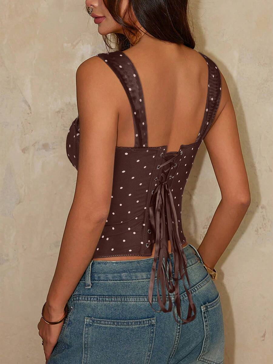 Burgundy women's lace-up backless camisole crop top featuring a square neck, sleeveless design, asymmetrical hem, and slim fit.
