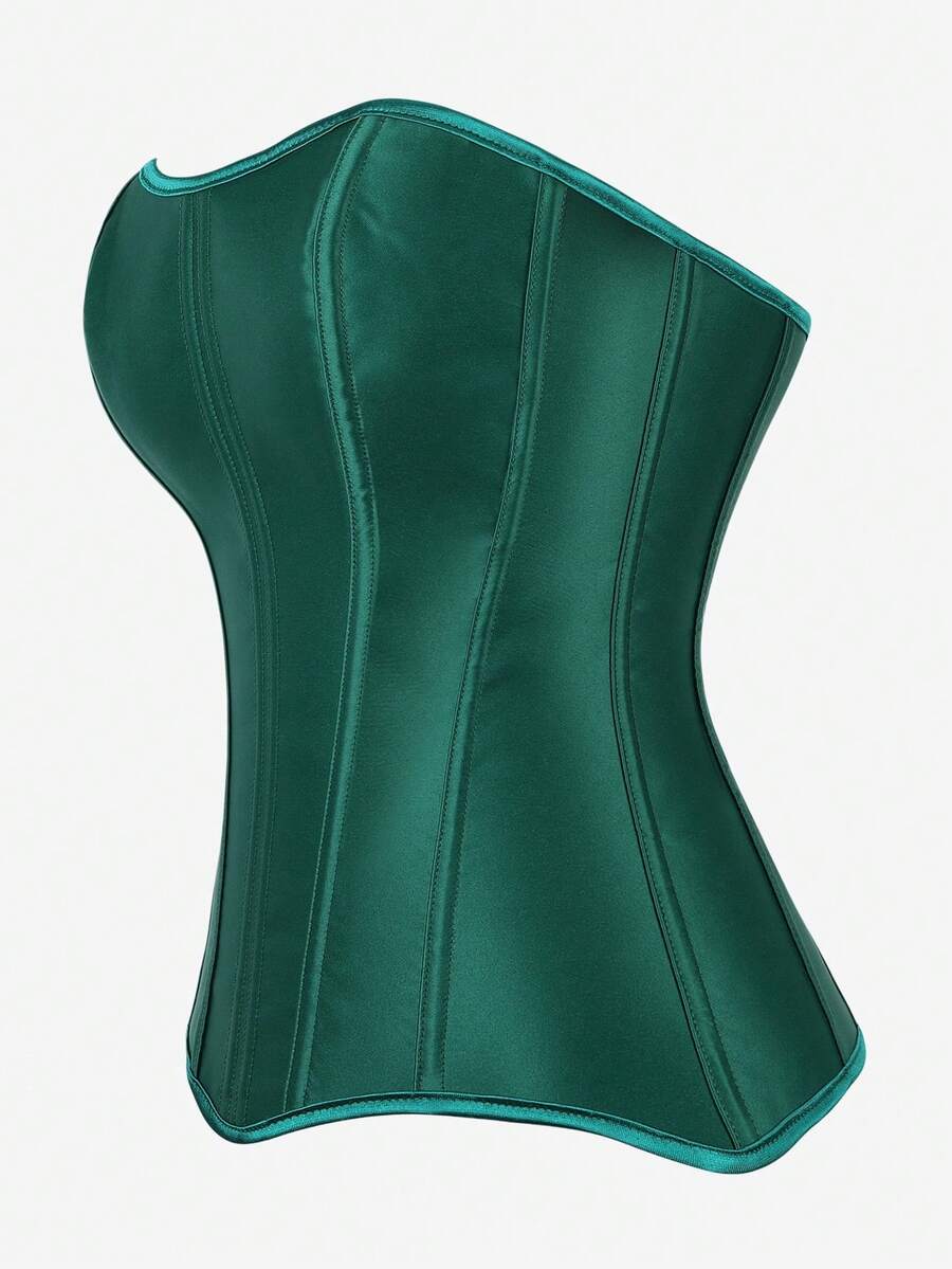Black overbust corset top bustier with 11 steel bones, side zipper, and grommet eyelet detailing for waist shaping.
