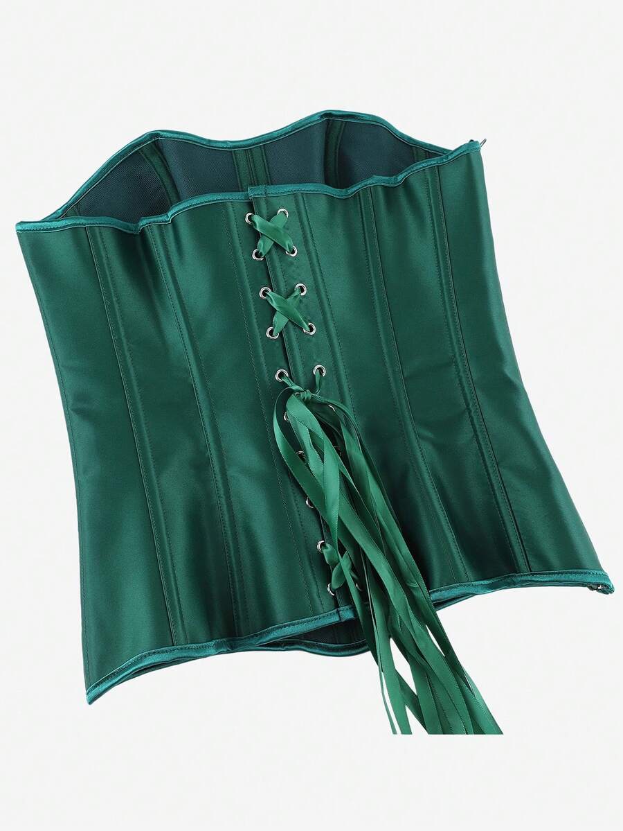 Black overbust corset top bustier with 11 steel bones, side zipper, and grommet eyelet detailing for waist shaping.