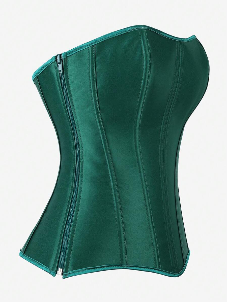Black overbust corset top bustier with 11 steel bones, side zipper, and grommet eyelet detailing for waist shaping.