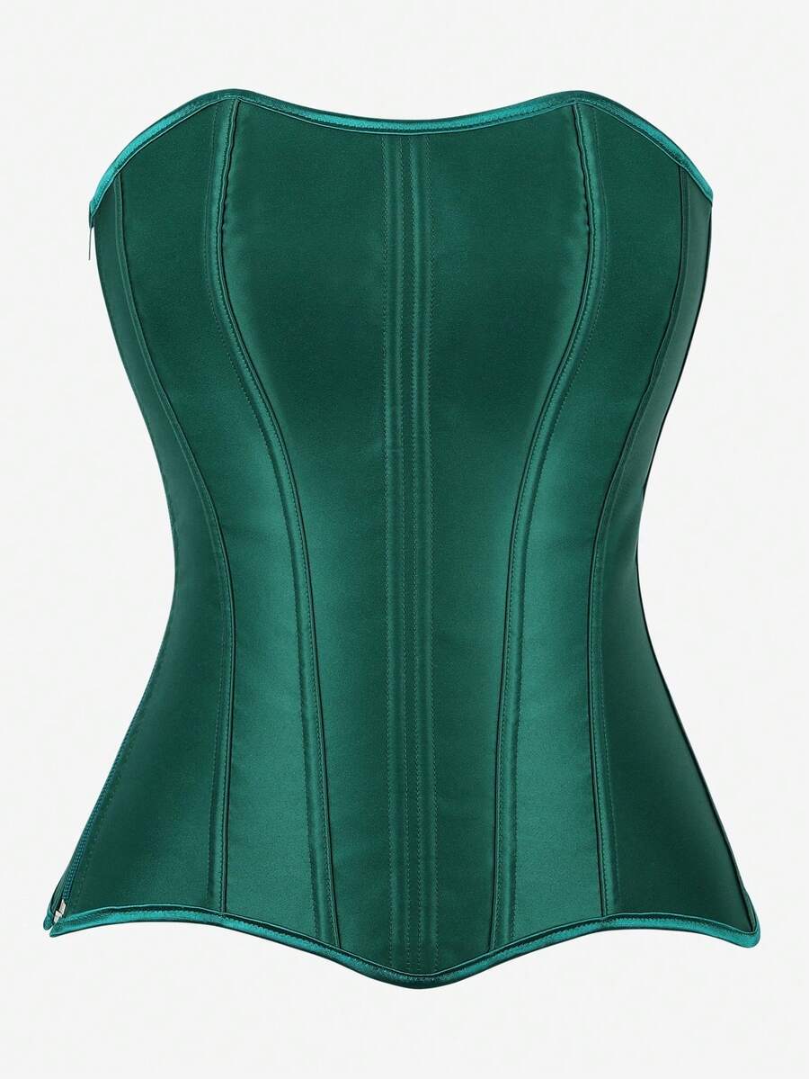 Black overbust corset top bustier with 11 steel bones, side zipper, and grommet eyelet detailing for waist shaping.