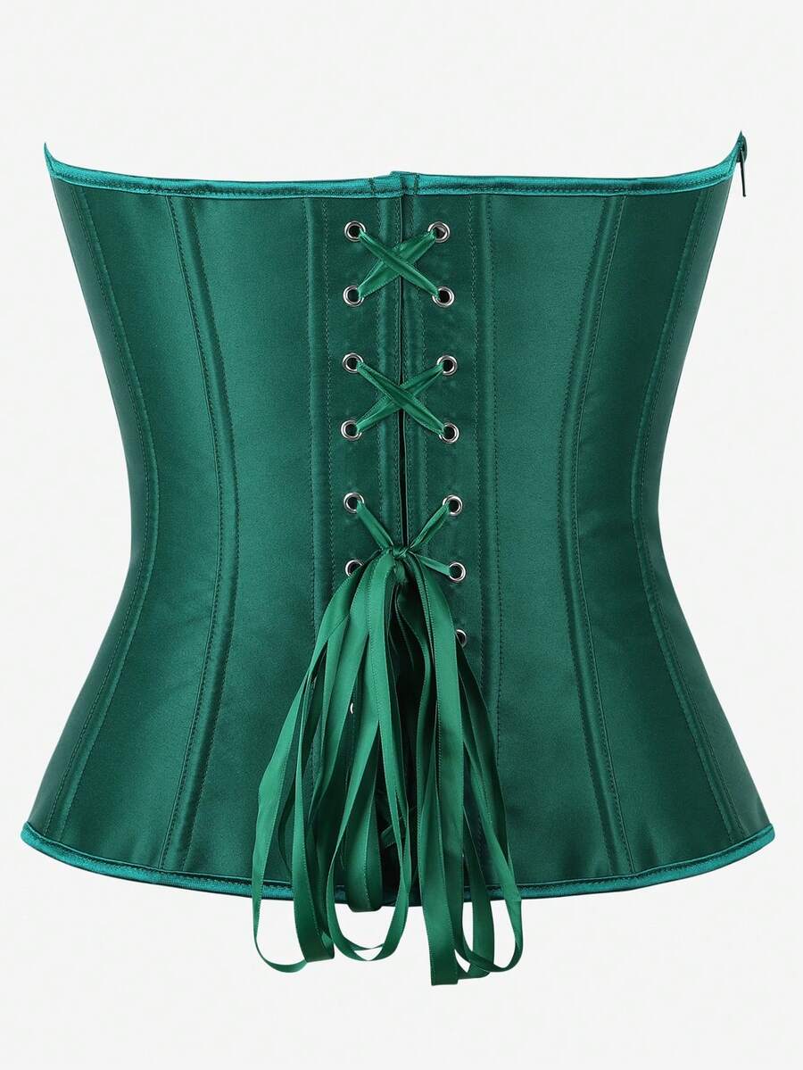 Black overbust corset top bustier with 11 steel bones, side zipper, and grommet eyelet detailing for waist shaping.