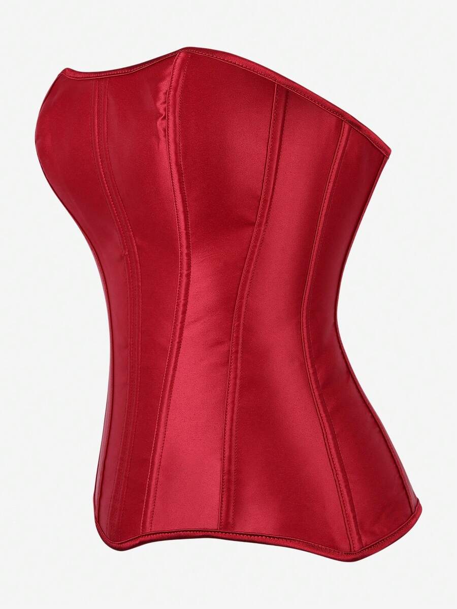 Black overbust corset top bustier with 11 steel bones, side zipper, and grommet eyelet detailing for waist shaping.