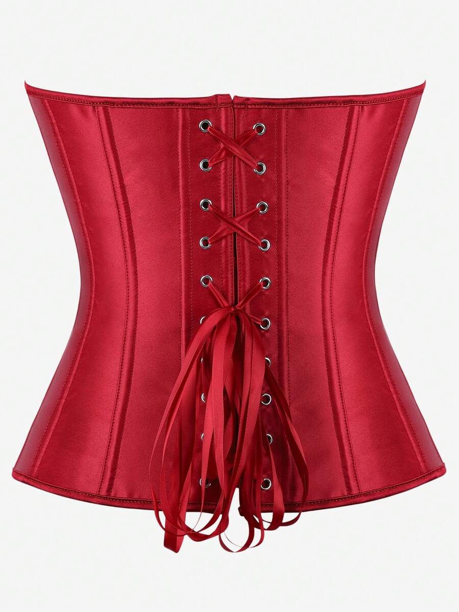 Black overbust corset top bustier with 11 steel bones, side zipper, and grommet eyelet detailing for waist shaping.
