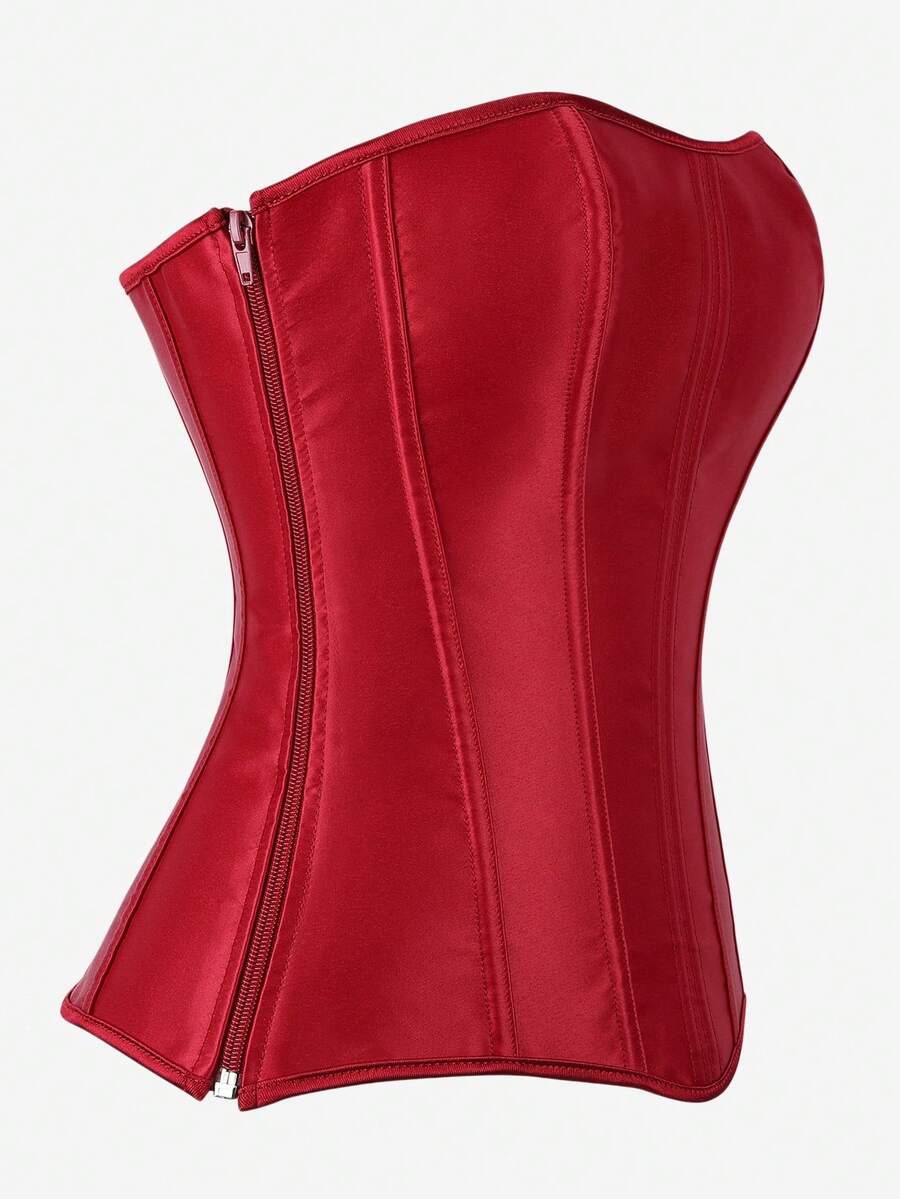 Black overbust corset top bustier with 11 steel bones, side zipper, and grommet eyelet detailing for waist shaping.
