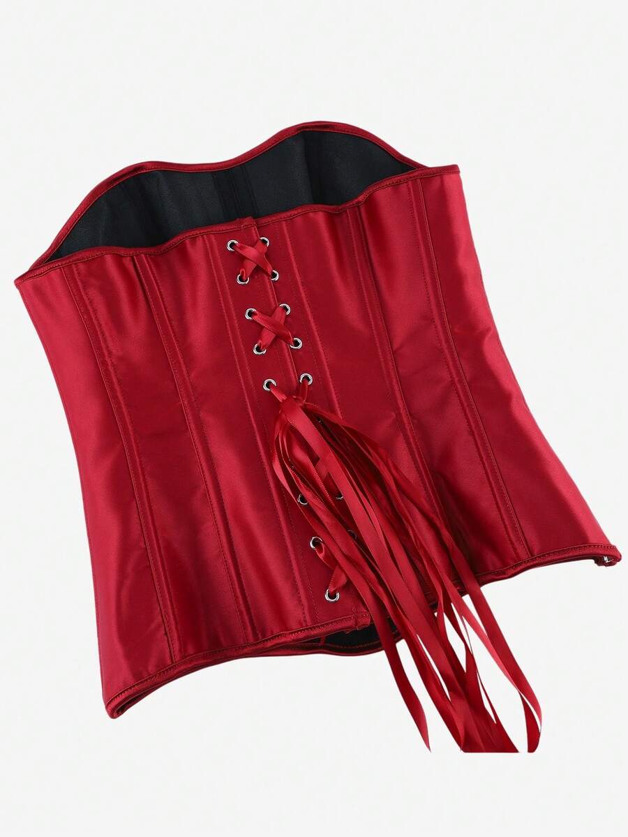 Black overbust corset top bustier with 11 steel bones, side zipper, and grommet eyelet detailing for waist shaping.