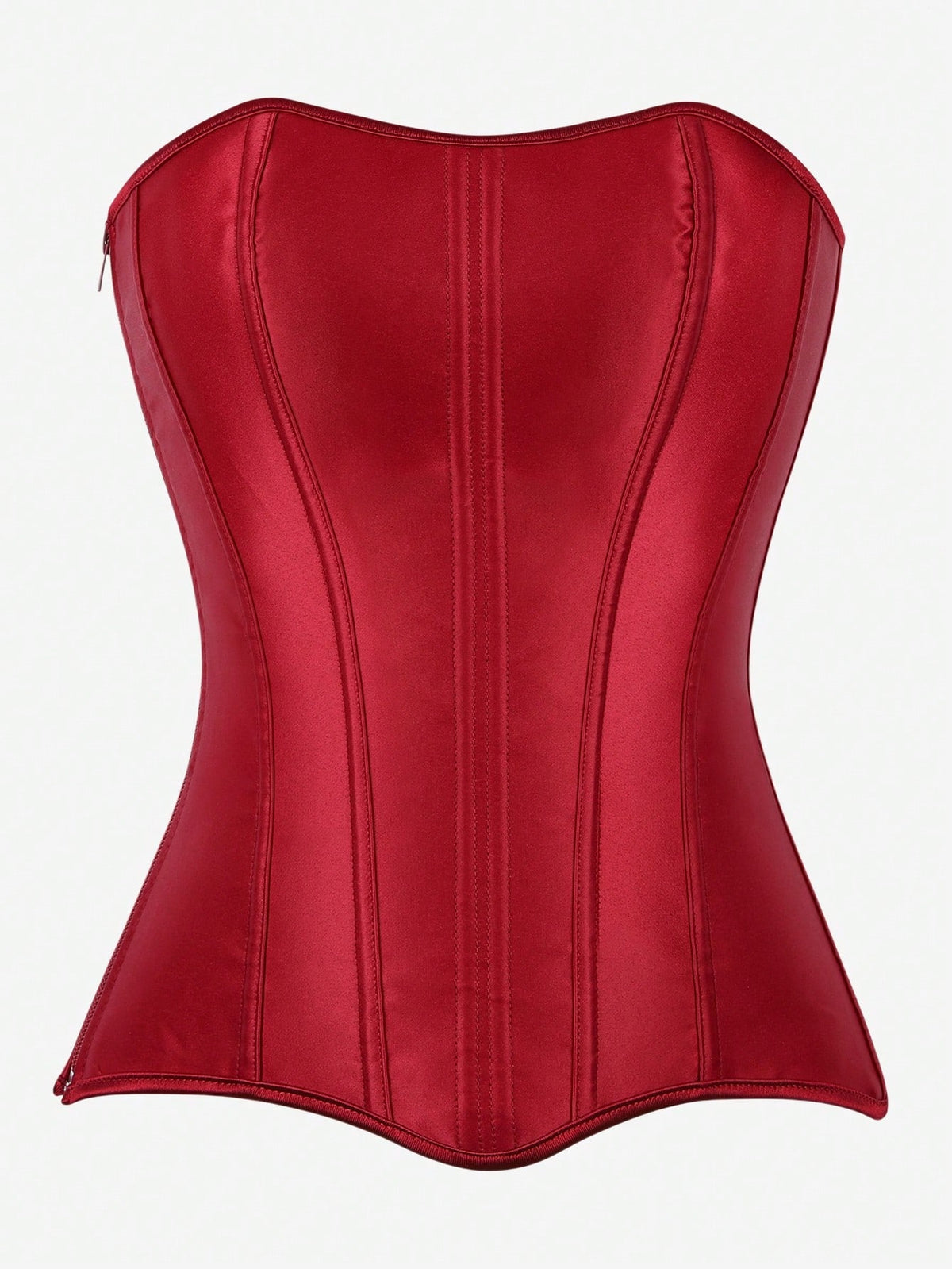Black overbust corset top bustier with 11 steel bones, side zipper, and grommet eyelet detailing for waist shaping.