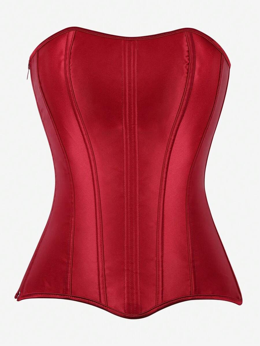 Black overbust corset top bustier with 11 steel bones, side zipper, and grommet eyelet detailing for waist shaping.