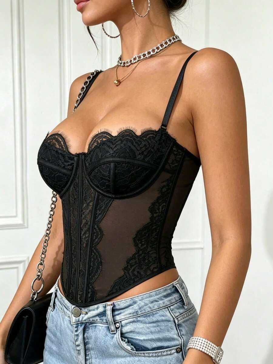 Women's black lace crop camisole featuring a deep V-neckline, slim fit silhouette, and matching arm sleeves.