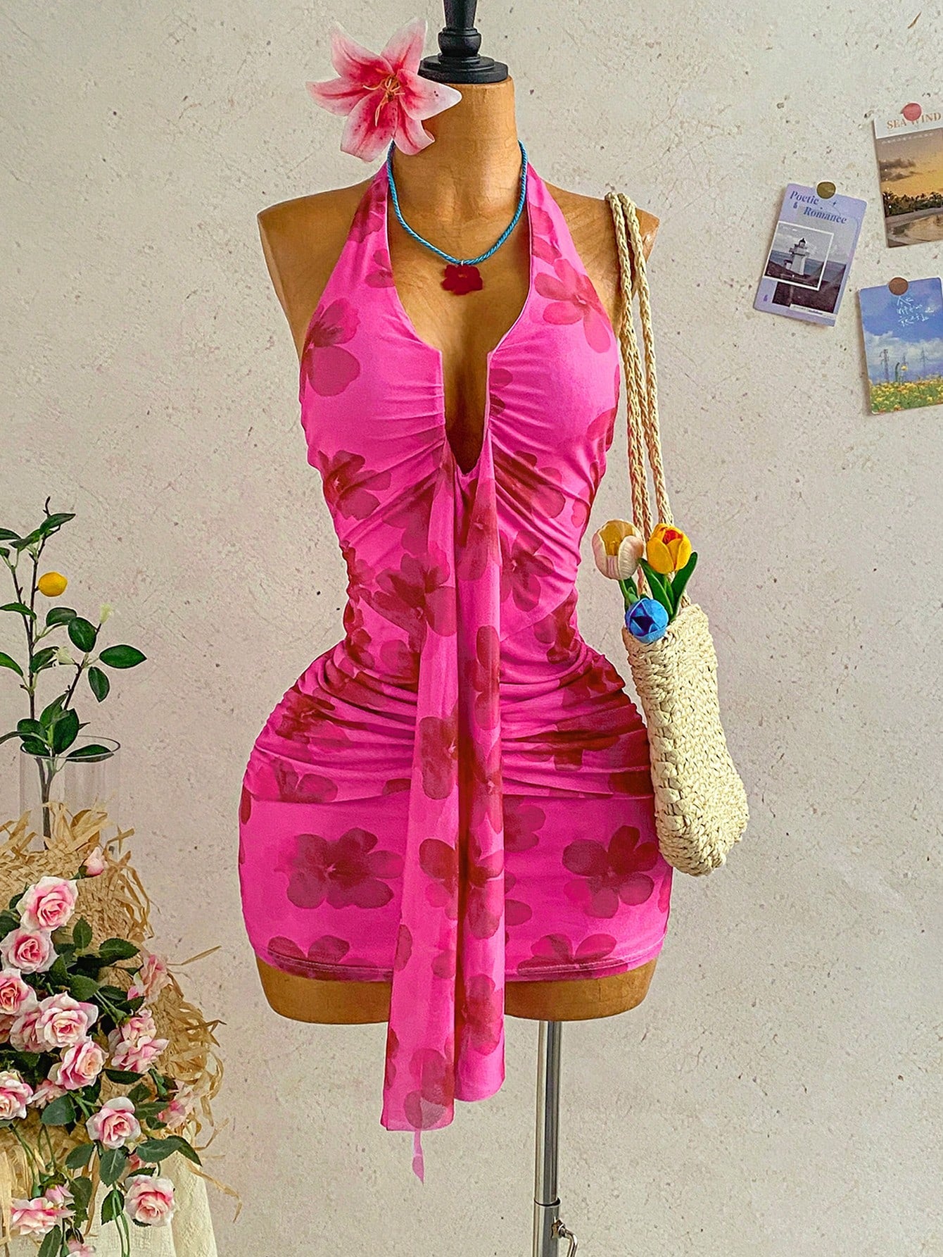 Women's Pale Yellow Halter Mini Dress,Deep V-Neck Ruched Bow Tie Summer Casual Sundress,Perfect For Holiday,Vacation,Beach,Party & Music Festival