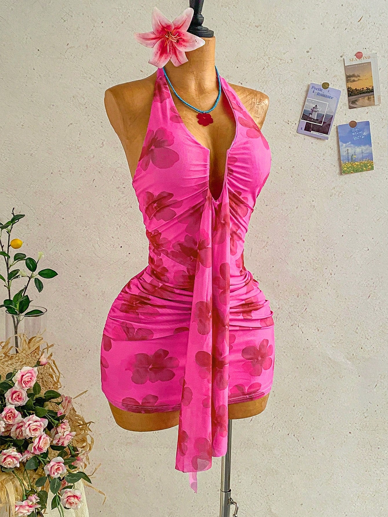 Women's Pale Yellow Halter Mini Dress,Deep V-Neck Ruched Bow Tie Summer Casual Sundress,Perfect For Holiday,Vacation,Beach,Party & Music Festival